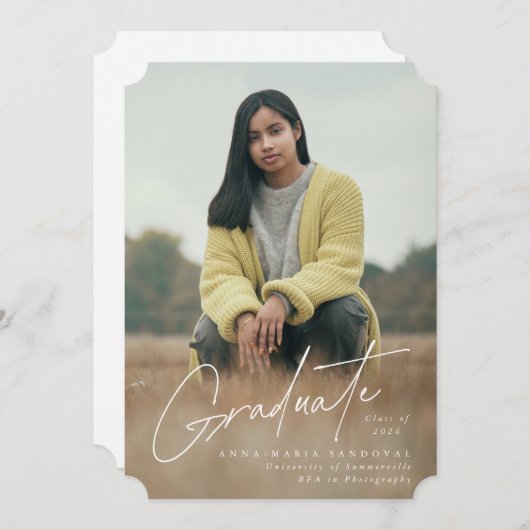 白エレガント手書きフォント2写真卒業 案内状 (正面/裏面)