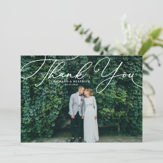 白エレガント手書き写結婚真 サンキューカード (スタンド正面)