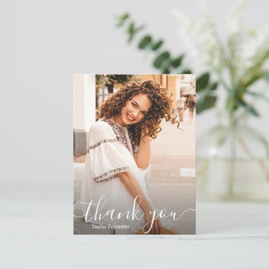 白エレガント文字ありがとう写真卒業 ポストカード (スタンド正面)