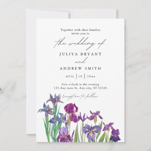 白エレガント文字のアイリスの結婚水色 招待状 (正面)