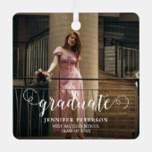 白エレガント文字のモダン写真卒業 メタルオーナメント (正面)