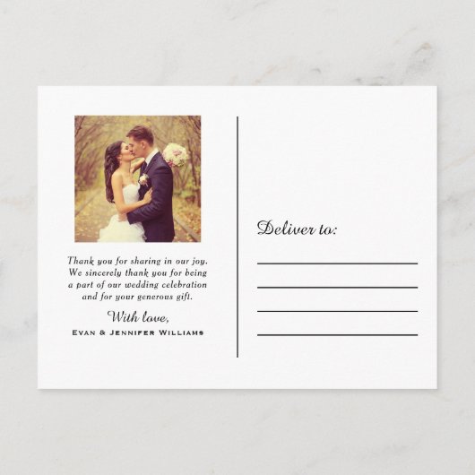 白エレガント文字の結婚写真ありがとう ポストカード (裏面)