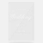 白エレガント文字は私たちのサインに結婚ようこそ アクリルサイン (正面)