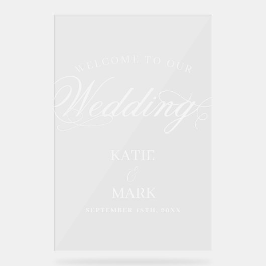 白エレガント文字は私たちのサインに結婚ようこそ アクリルサイン (正面)