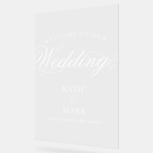 白エレガント文字は私たちのサインに結婚ようこそ アクリルサイン (傾斜)