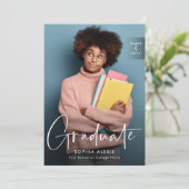 白エレガント文字オーバーレイ2枚の写真卒業 案内状 (スタンド正面)