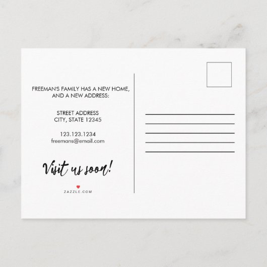 白エレガント文字ニューハウスウォーミングフォト 案内ポストカード (裏面)