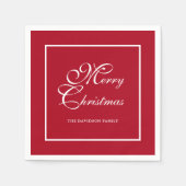 白エレガント文字パーソナライズされた赤クリスマス スタンダードカクテルナプキン (正面)