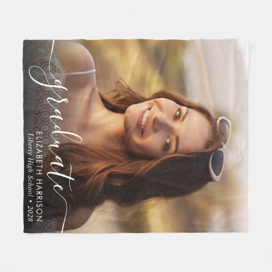 白エレガント文字フォトオーバーレイ卒業 フリースブランケット (正面(横))