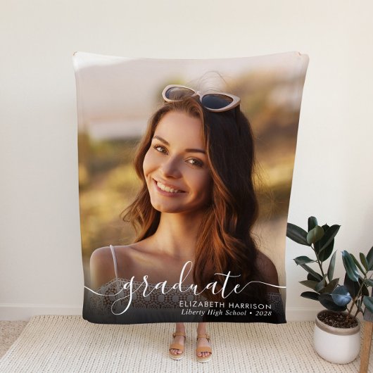 白エレガント文字フォトオーバーレイ卒業 フリースブランケット