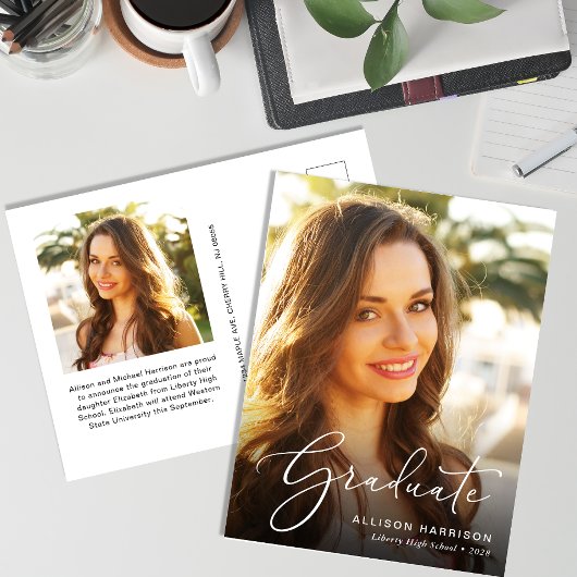 白エレガント文字フォトオーバーレイ卒業 案内ポストカード