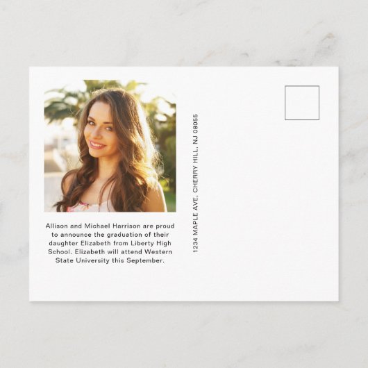 白エレガント文字フォトオーバーレイ卒業 案内ポストカード (裏面)