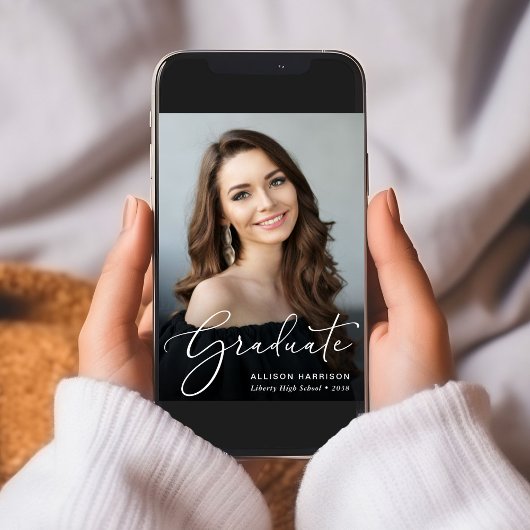 白エレガント文字フォトオーバーレイ卒業 案内状