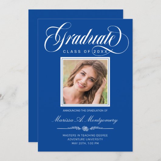 白エレガント文字フォトブルーカレッジ卒業 案内状 (正面/裏面)