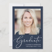 白エレガント文字フォトブルー卒業 案内状 (正面)