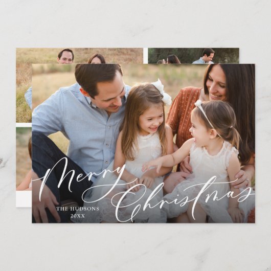 白エレガント文字メリークリスマスコラージュ シーズンカード (正面/裏面)