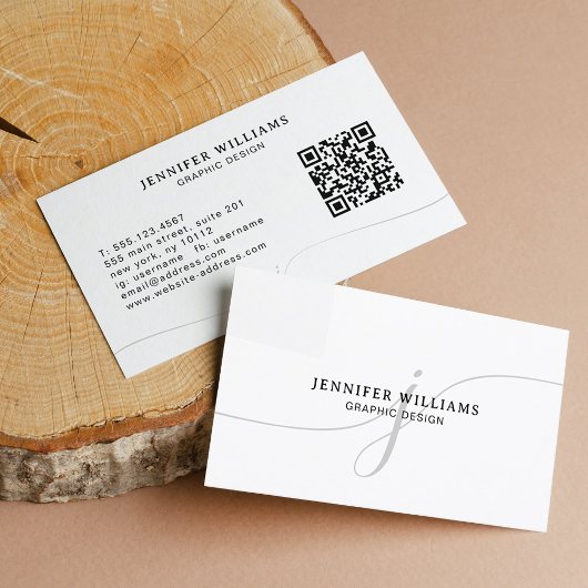 白エレガント文字モノグラムQRコード 名刺