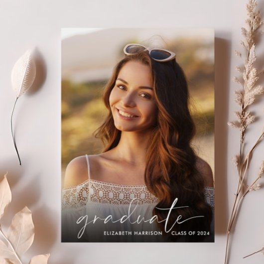 白エレガント文字写真卒業パーティー 招待状