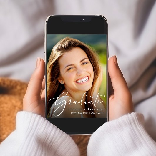 白エレガント文字写真卒業パーティー 招待状