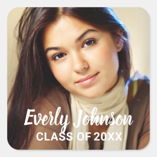 白エレガント文字名写真卒業 スクエアシール (正面)