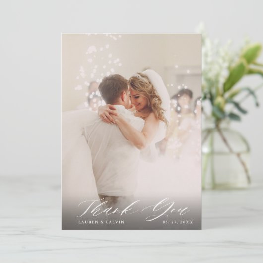 白エレガント文字結婚の2枚の写真 サンキューカード (スタンド正面)