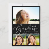 白エレガント文字3フォトブラック卒業 案内状 (正面)