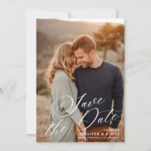 白エレガント文字 |結婚式の日付の保存 セーブザデート (正面)