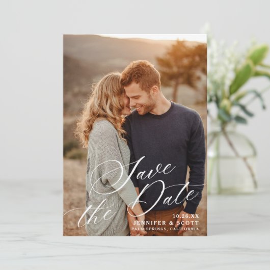 白エレガント文字 |結婚式の日付の保存 セーブザデート (スタンド正面)