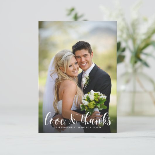白エレガント書の結婚ありがとう写真 サンキューカード (スタンド正面)