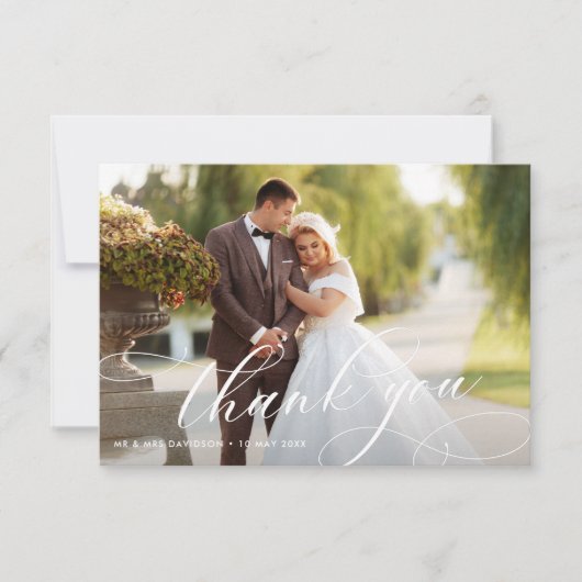 白エレガント書レタリング結婚の写真 サンキューカード (正面)