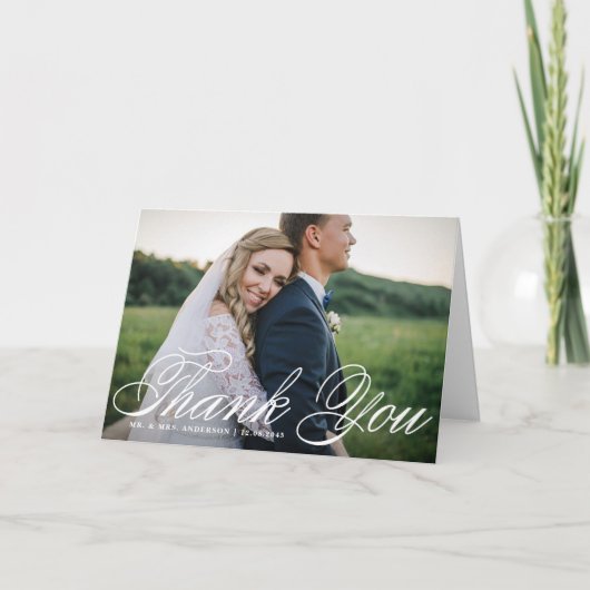 白エレガント書結婚の写真 サンキューカード (正面)
