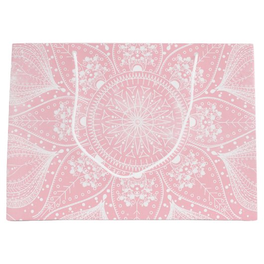 白エレガント曼荼羅デザイン ラージペーパーバッグ (正面)