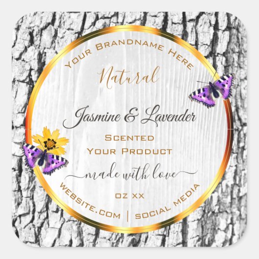 白エレガント木粒樹皮製品ラベル スクエアシール (正面)