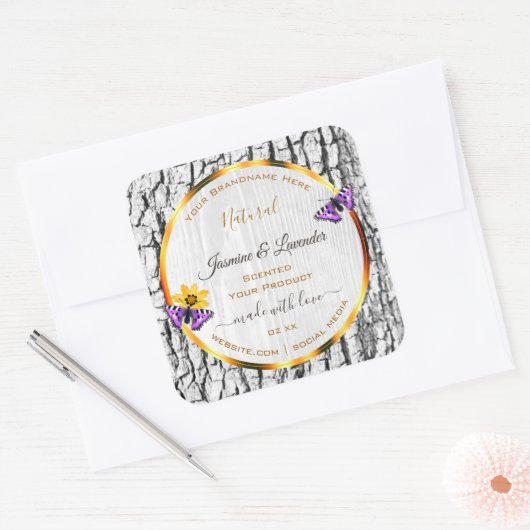 白エレガント木粒樹皮製品ラベル スクエアシール (封筒)