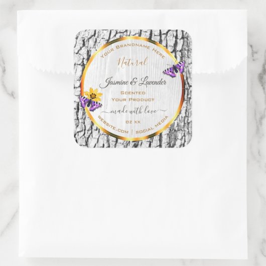 白エレガント木粒樹皮製品ラベル スクエアシール (バッグ)