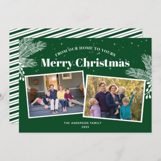 白エレガント松の緑2枚の写真クリスマス シーズンカード (正面/裏面)