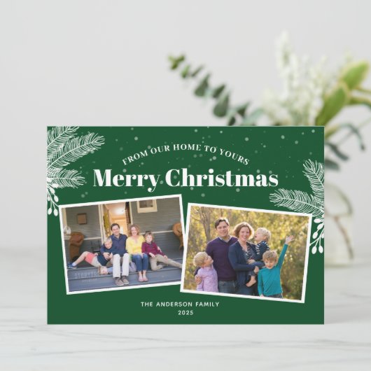 白エレガント松の緑2枚の写真クリスマス シーズンカード (スタンド正面)