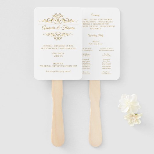 白エレガント枠スタイリッシュ結婚式 プログラム ハンドファン (正面&裏面)