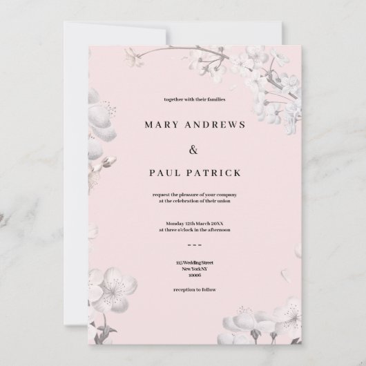 白エレガント桃色さくらんぼ花フローラ結婚ズ 招待状 (正面)