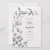 白エレガント桃色のユリ結婚の 招待状 (正面)