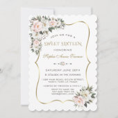白エレガント桃色の花金ゴールドフレーム甘い16 招待状 (正面)