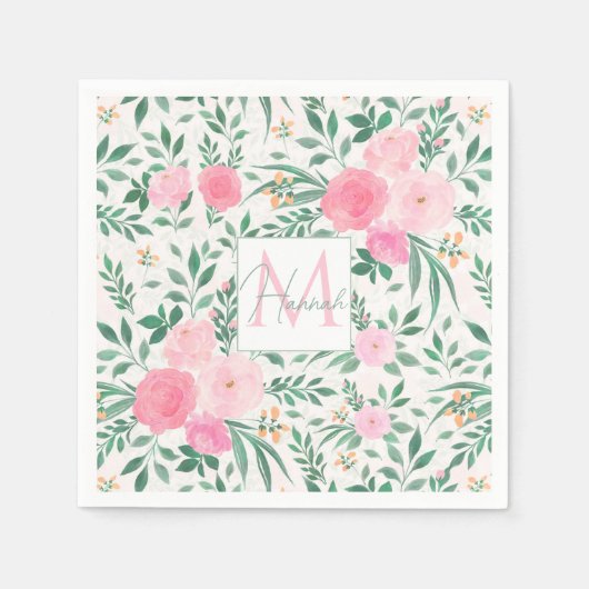 白エレガント桃花水彩フローラ スタンダードカクテルナプキン (正面)