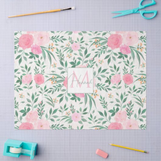 白エレガント桃花水彩フローラ 薄葉紙 (クラフト)