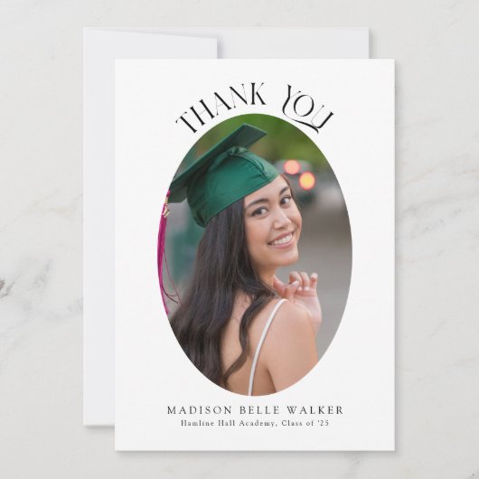 白エレガント楕円の卒業写真ありがとう サンキューカード (正面)
