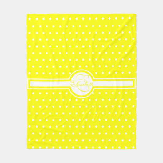白エレガント水玉模様オンイエローモノグラム フリースブランケット (正面)