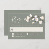 白エレガント水色フローラセージ緑RSVP 出欠カード (正面/裏面)