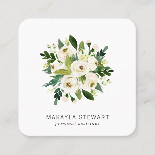 白エレガント水色フローラブーケ スクエア名刺 (正面)