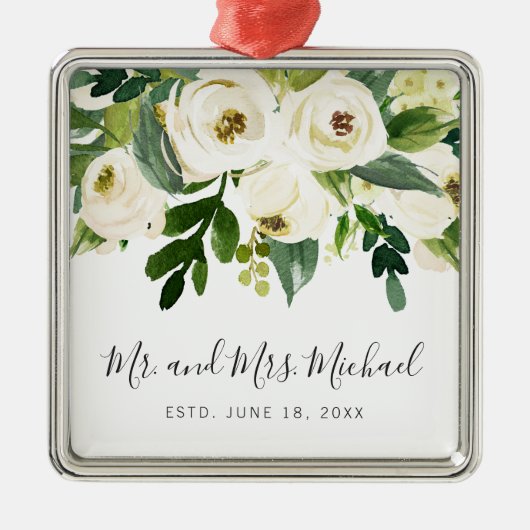 白エレガント水色フローラ&緑結婚色 メタルオーナメント (正面)