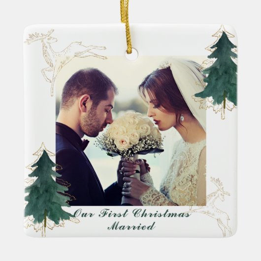 白エレガント水色木我々の初めてのクリスマス セラミックオーナメント (正面)
