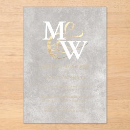 白エレガント海ガラスモノグラム結婚金ゴールド アクリル招待状